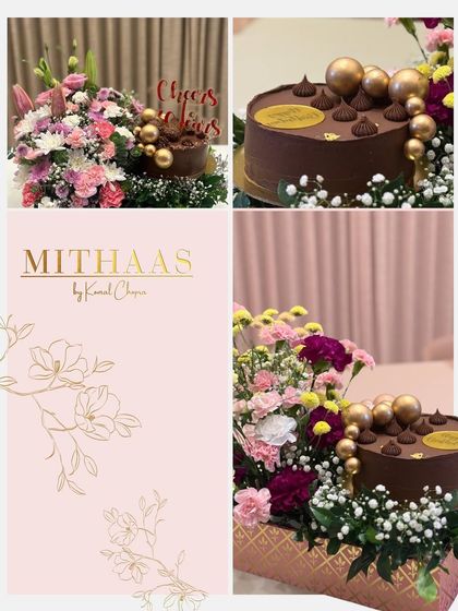 A collage showing the beautiful pairing of a rich chocolate cake with a fresh floral arrangement. This is one of my favorite ways to curate a gift that combines sophistication with sweetness.