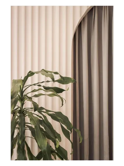 A close-up detail showing the texture of the fluted wall panels and the soft curve of the arched doorway, complemented by the organic form of a houseplant.