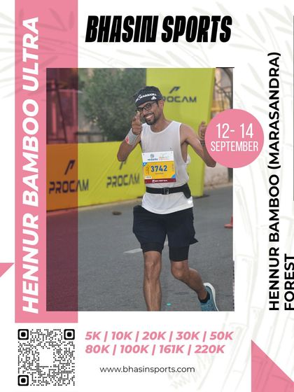 The energy is contagious. This runner's dynamic pose and smile capture the fun and excitement of participating in the Hennur Bamboo Ultra.