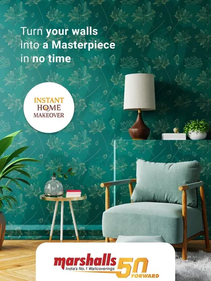 Turn last-minute plans into first-class hosting. This elegant teal and gold lotus pattern wallcovering can be installed in just one day, making your home party-perfect this weekend.