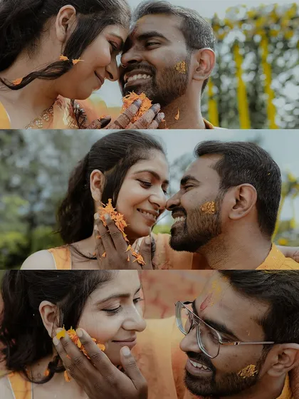 Intimate and playful moments between the couple during their Haldi. These close ups capture the genuine smiles and affection amidst the fun.