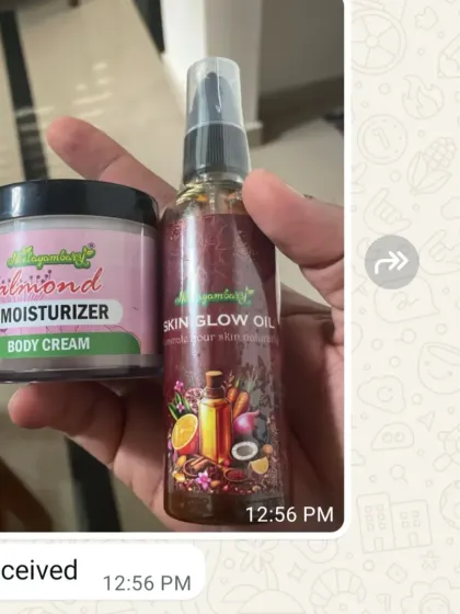 A customer sent this photo after receiving their Almond Moisturizer and Skin Glow Oil. It makes me so happy to see you excited about your Neelayambary products.