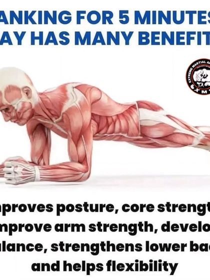 An informational graphic explaining the benefits of planking. This simple bodyweight exercise is a staple in our training for improving posture, core strength, balance, and flexibility.