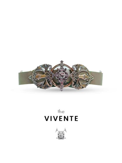 This is the 'Vivente' belt, meaning 'alive'. The intricate metalwork on this custom belt is designed to bring life and effortless elegance to any look.