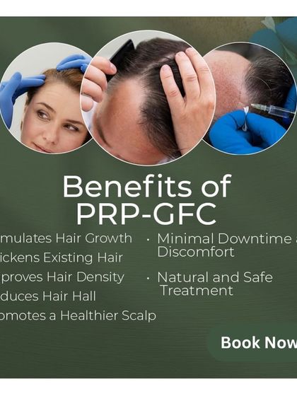 I believe in clear, tangible benefits. This graphic outlines what you can expect from PRP-GFC treatments: stimulated growth, thicker existing hair, improved density, reduced hair fall, and a healthier scalp, all with minimal downtime.