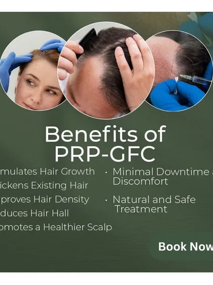I believe in clear, tangible benefits. This graphic outlines what you can expect from PRP-GFC treatments: stimulated growth, thicker existing hair, improved density, reduced hair fall, and a healthier scalp, all with minimal downtime.