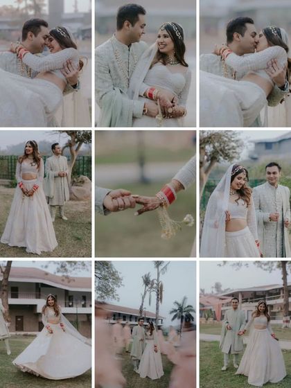 A grid collage showcasing nine different romantic and candid portraits from a single couple's wedding day, telling a complete story.