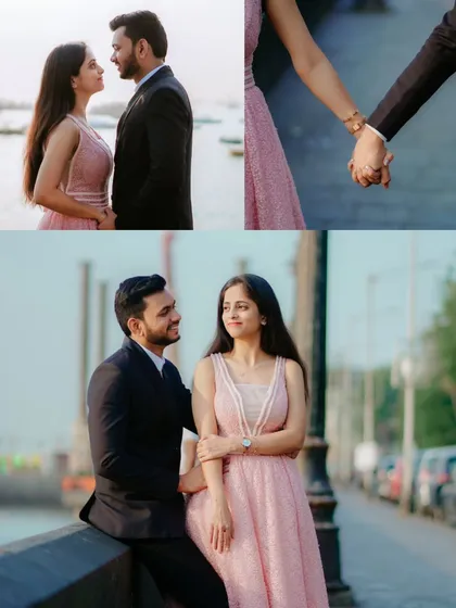 A collage of romantic moments near the sea in Mumbai. It captures the couple sharing looks, holding hands, and enjoying the city's waterfront ambiance.