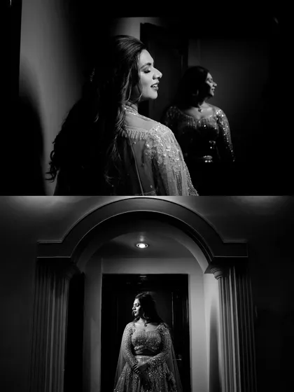 A diptych of artistic black and white bridal portraits. The use of shadow and reflection creates a sense of intimacy and elegance.