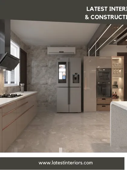 The kitchen is the heart of the home, and I design them to be both beautiful and highly functional. This open-plan kitchen features handleless cabinetry, a smart refrigerator, and an integrated breakfast counter, perfect for modern family life.