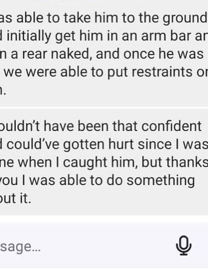 The student explains how he used an armbar and a rear-naked choke to control the situation until help arrived.