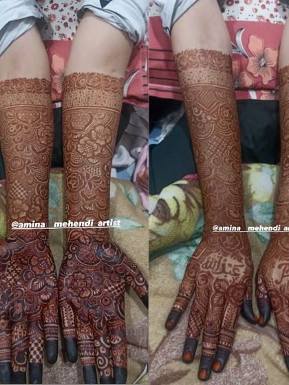 A collage showing the fresh henna paste on the left and the resulting beautiful stain on the right.