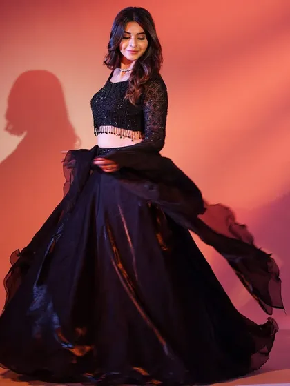 The twirl on this black lehenga is everything. The organza skirt creates a beautiful, flowing movement that's perfect for photos and videos.