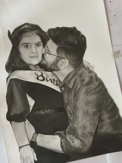 The completed A4 sketch of the father and daughter, showing the full detail of the "Birthday Girl" sash.