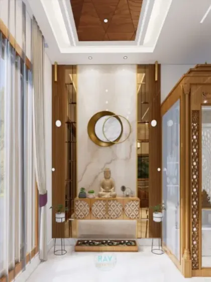 A view down a hallway, showcasing a serene foyer unit with a Buddha statue, set against a marble panel and flanked by a grand pooja mandir.