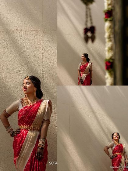 A stylish collage of a bride posing against a wall, with shadows creating interesting patterns. The shots are modern and artistic.
