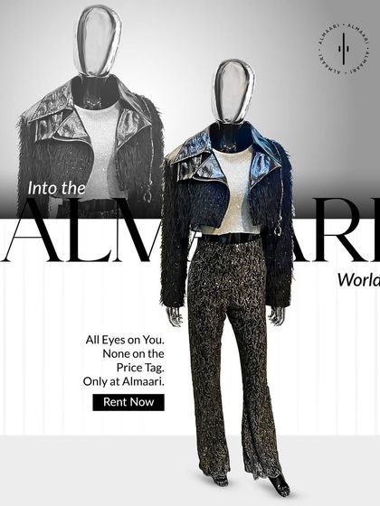 All eyes on you, none on the price tag. This mannequin is styled in a faux fur and leather jacket with sparkling trousers, a full look you can rent from me.