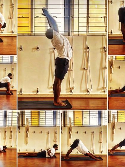 The Surya Namaskara, or Sun Salutation, is a foundational practice for restoring the body's natural circadian rhythm. This collage shows the sequence of alternating bends that awakens the entire system.