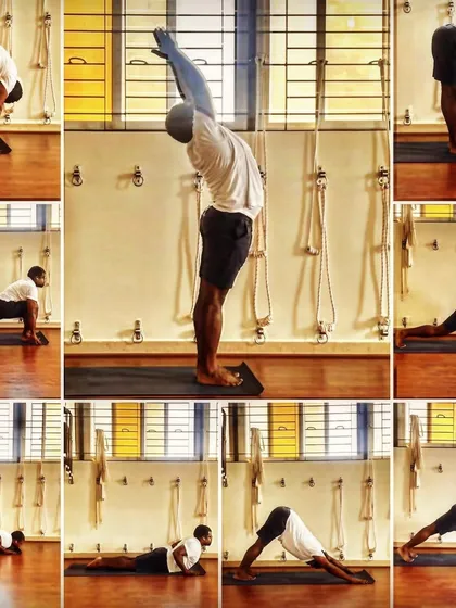 The Surya Namaskara, or Sun Salutation, is a foundational practice for restoring the body's natural circadian rhythm. This collage shows the sequence of alternating bends that awakens the entire system.