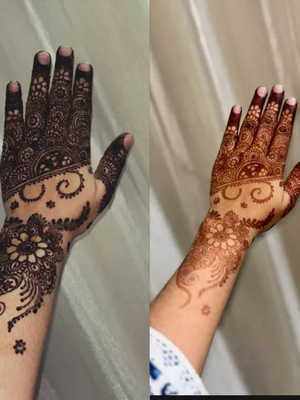 The proof is in the stain. Here you can see the design with the fresh, natural henna paste on the left, and the beautiful, rich reddish-brown stain it leaves behind on the right. I make my own henna, so a deep color is guaranteed.