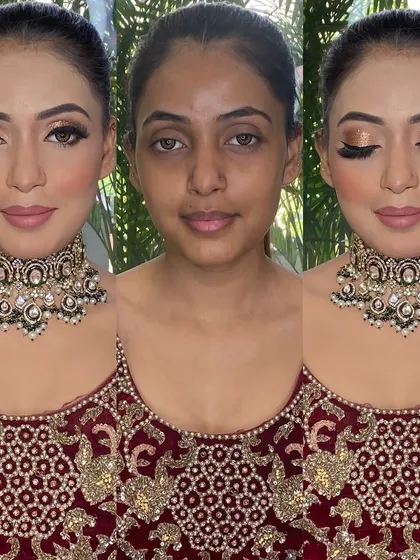 A before, during, and after collage of a signature bridal look, showcasing the power of makeup to enhance and define.