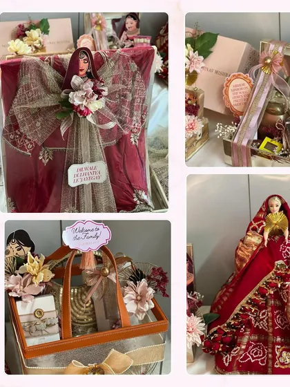 A collage showcasing creative bridal trousseau packaging. I use elements like doll drapes and elegant baskets to present the bride's outfits and gifts in a way that feels incredibly special and unique.