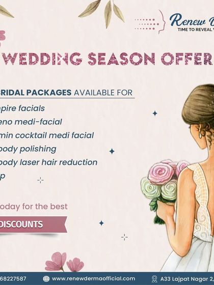 A special wedding season offer detailing our comprehensive pre-bridal packages. This includes Vampire facials, Oxygeno medi-facials, full body polishing, laser hair reduction, and IV drips, all available with special discounts.