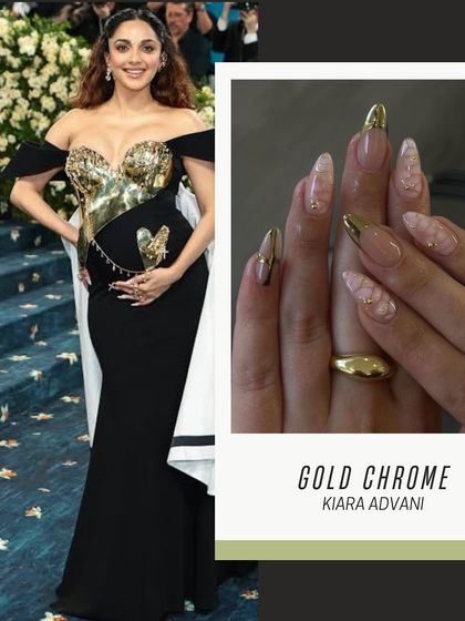 Inspired by Kiara Advani's stunning look, these gold chrome nails are perfect for a glamorous event. The design features a sheer base with gold foil and abstract chrome details.