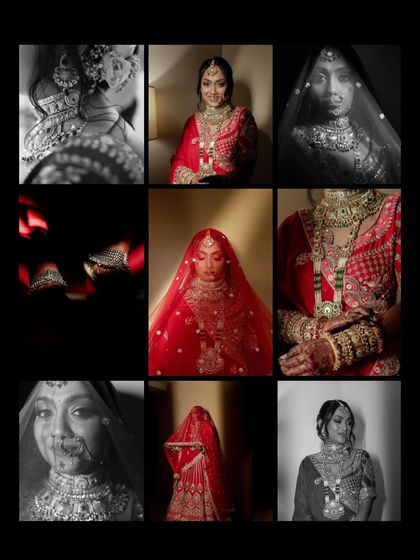 A stunning collage of bridal portraits in red and black and white. It showcases the bride's beauty from different angles, creating a powerful visual story.