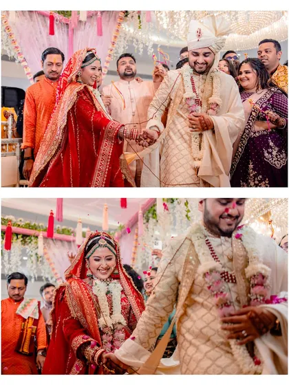 The bride and groom walking hand-in-hand during their pheras, a journey they are beginning together. We capture these symbolic moments with a focus on their connection.