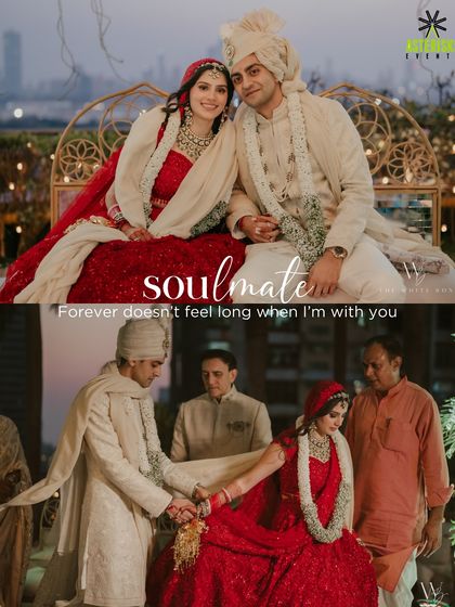 A collage of soulful moments from the wedding, from the couple sitting together at the mandap to the sacred rituals.