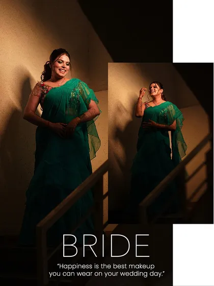This composite image combines two different moments from the bridal shoot. It tells a small story, showing both a joyful, smiling expression and a more thoughtful pose, capturing the range of emotions on a wedding day.