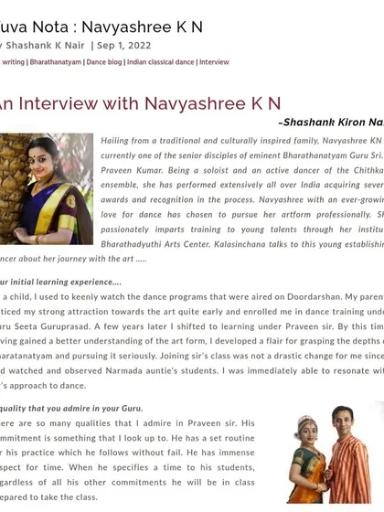 I was humbled to be featured in Ananya Kalasinchana's 'Yuva Nota'. In this interview, I shared my thoughts on my learning experience and the qualities I admire in my Guru, which form the foundation of my own teaching.
