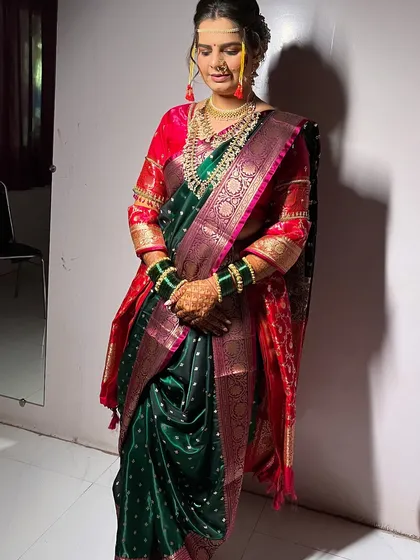 A full view of Pooja's Nauvari saree look. I specialize in perfect draping to ensure you are comfortable and look elegant.