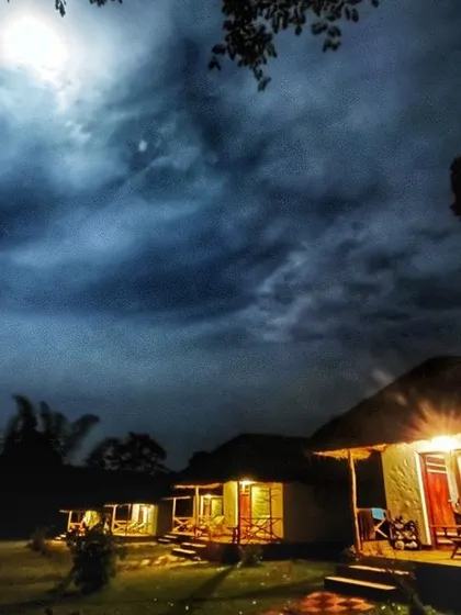 The beautiful thatched-roof cottages of Lacuna Eco-stay in Coorg under a dramatic night sky, offering a magical and serene experience.