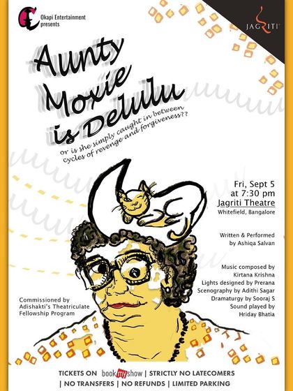 The poster for "Aunty Moxie Is Delulu," an English play exploring cycles of revenge and forgiveness.