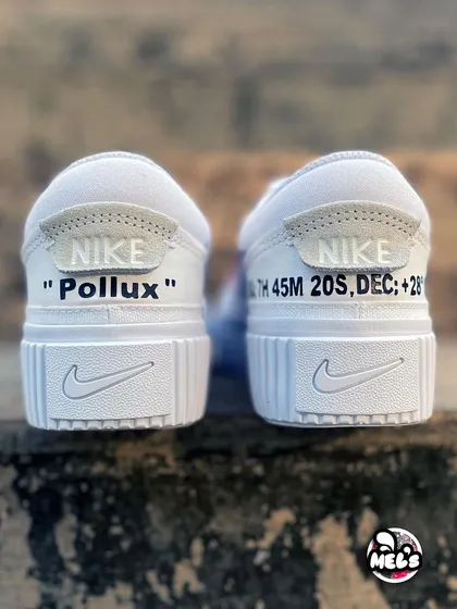 The personalized heels of the second pair of cosmic sneakers, featuring the name "Pollux" and matching coordinates.
