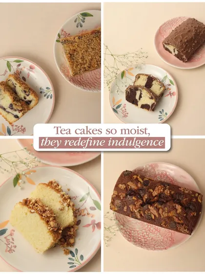 A collage of our tea cakes, so moist they redefine indulgence. You can see our Marble, Blueberry, and Almond Praline varieties here.