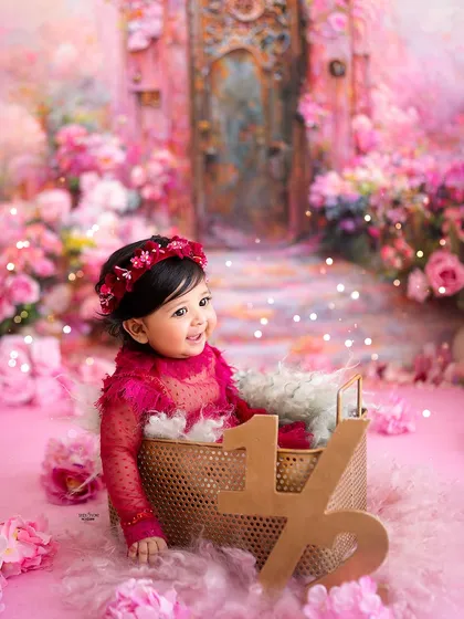 Halfway to one! This six-month milestone session is marked with a beautiful wooden sign, celebrating this adorable baby girl's half-birthday in a magical butterfly garden.