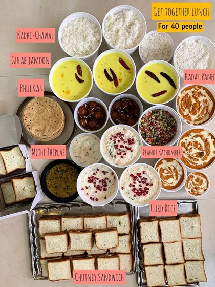 An impressive and heartwarming homemade lunch spread I catered for a get-together of 40 people. The menu included comforting dishes like Kadhi-Chawal, Kadai Paneer, Gulab Jamoon, and more, showing my capability for larger events.