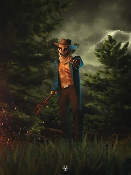 A murderous scarecrow character I designed for a short horror narrative. The concept was a man who descends into madness, and I created this visual to capture the climax of his transformation in a stormy forest setting.