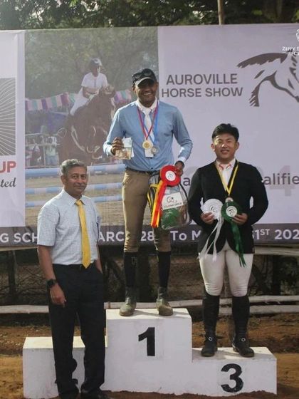 Barath Manoharan celebrating his first-place victory at the Auroville Horse Show. A proud moment for him and for Team Zippy.