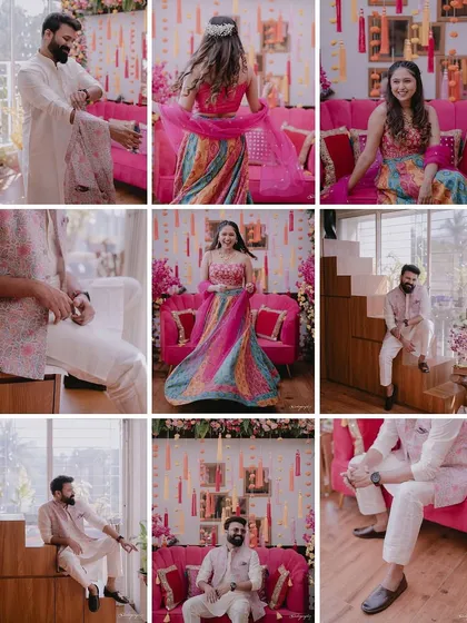 A collage showcasing the vibrant and fun styling for a sangeet or mehendi ceremony. The bride's multi-colored lehenga is the star, with the groom's simple pink and white outfit picking up one of the key colors.