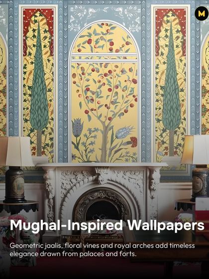 This Mughal-inspired wallpaper uses geometric jaalis, floral vines, and royal arches to add timeless elegance. The design, drawn from palaces and forts, can turn a simple fireplace into a grand focal point.