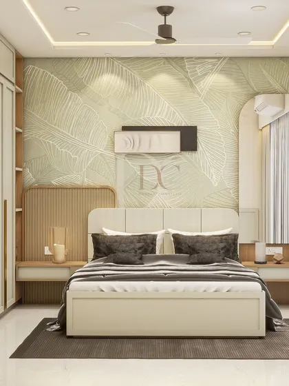 The "after" shot of the same bedroom. We installed a beautiful nature-themed wallpaper, a custom upholstered headboard, and floating bedside tables to create a fresh and modern look.
