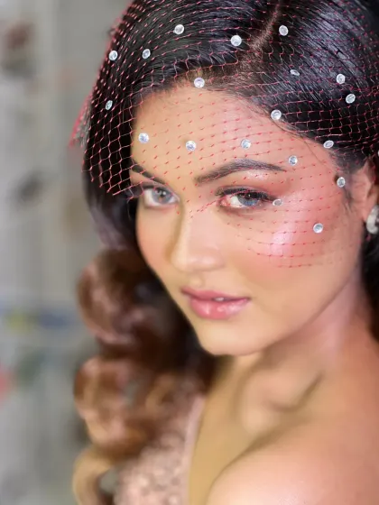 Another angle of the polo inspired look, showing the beautiful play of light on the skin and the unique texture of the veil.