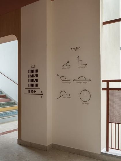 Even a simple corridor wall becomes a mini-lesson in geometry. These clean, minimalist graphics are an easy way to reinforce classroom concepts in a visual and passive way.