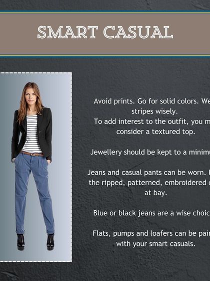 Smart Casual for women is about looking polished yet relaxed. I recommend solid colors, minimal jewelry, and well-fitting jeans or casual pants paired with classic footwear like pumps or loafers for a clean, sophisticated look.