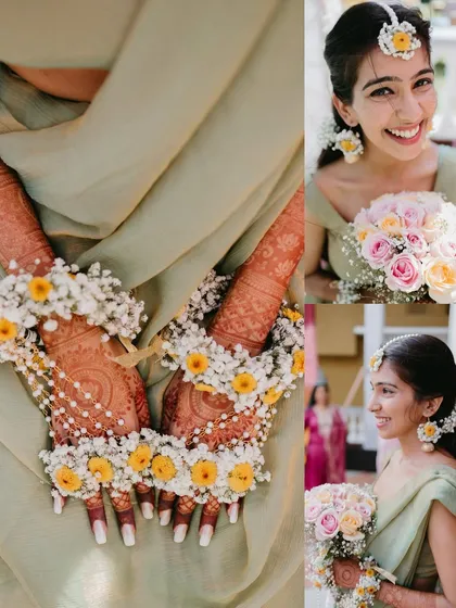 A collage highlighting the bride's fresh and delicate look for her Haldi, focusing on her floral jewelry and soft green saree.