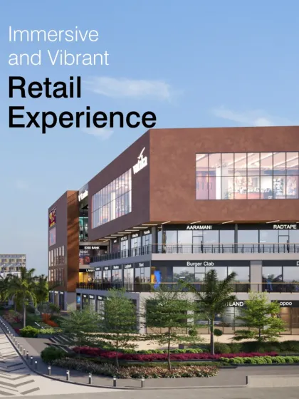 The V'lante retail center in Gurugram is designed to offer an immersive and vibrant experience. This exterior view shows the building's bold architectural identity, inspired by the energy of Gurugram's urban fabric.